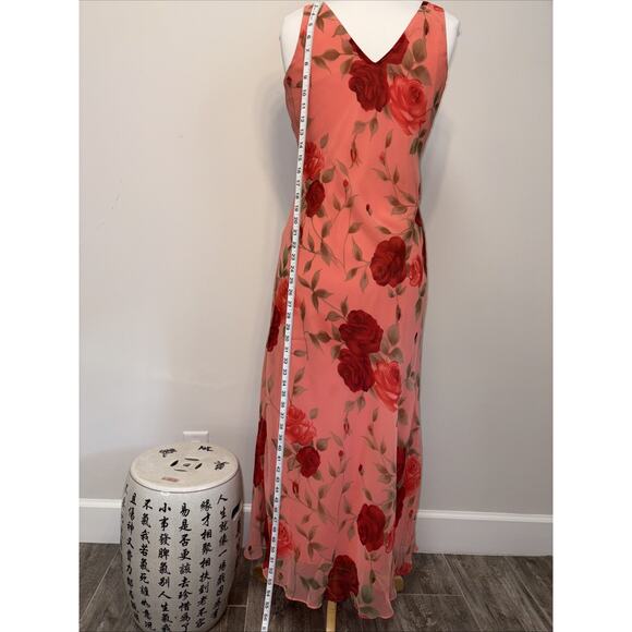 Vintage Y2K Coral Red Rose Holiday Party Dress Chiffon Maxi Slip Dress 90s - Picture 5 of 14